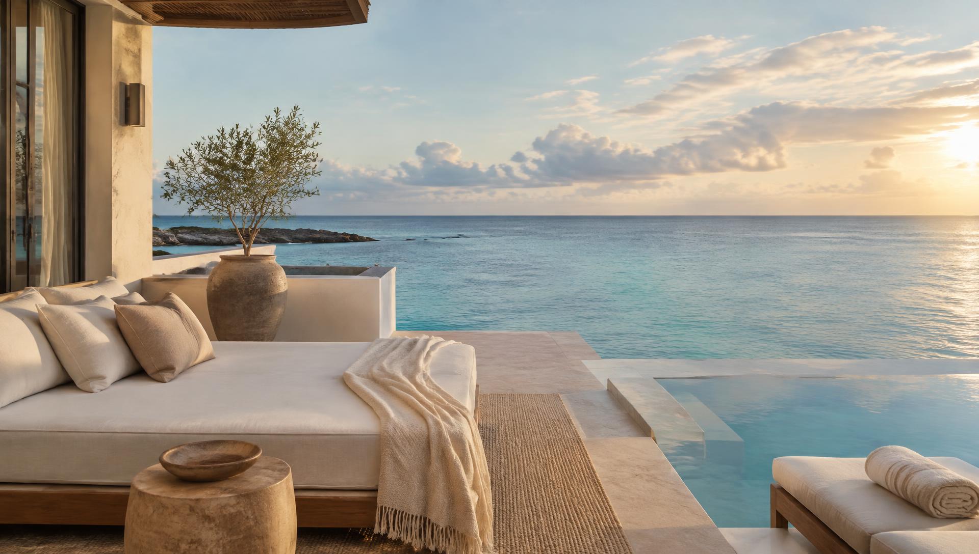 Calm luxury resort terrace overlooking the sea at dawn